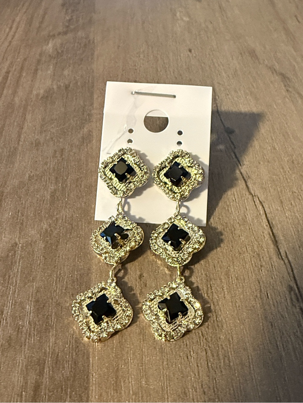 14K Gold Plated Triple Drop Earrings with Black Clover Stones